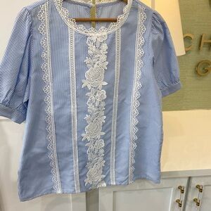 Blue Striped Blouse with White Lace
